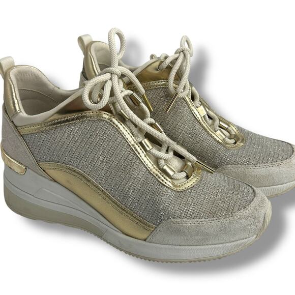 Michael Kors Lolly Trainer Wedge Sneakers 7.5 Metallic Silver gold Glitter EUC - Picture 1 of 16